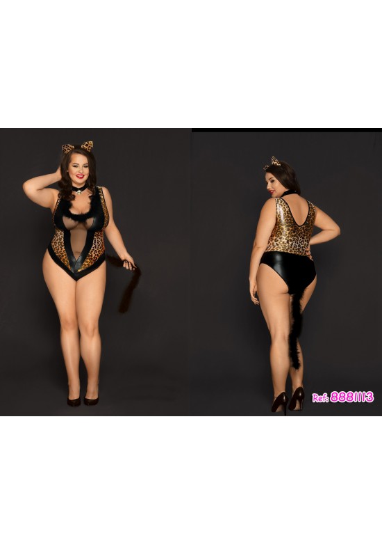 Body disfraz de gatita plus size con estampado de leopardo, vinilo negro, plumas en el escote, diadema con orejas y cola