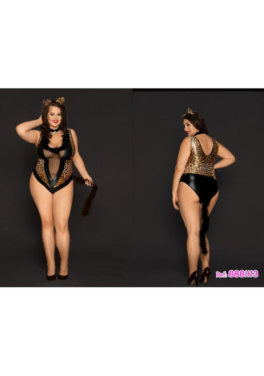 Body disfraz de gatita plus size con estampado de leopardo, vinilo negro, plumas en el escote, diadema con orejas y cola