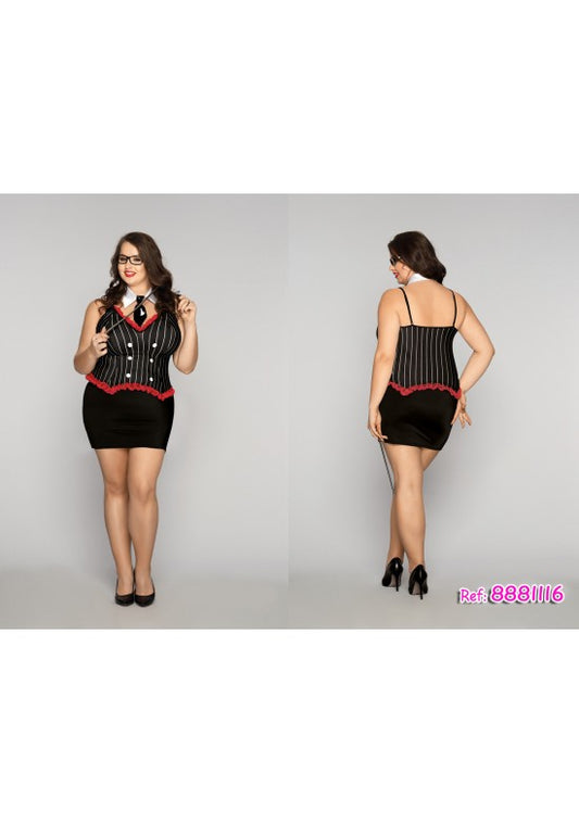 Disfraz de secretaria plus size con corpiño a rayas negro y blanco, detalles en encaje rojo y falda negra