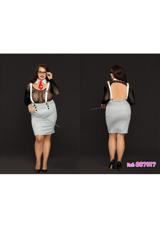 Disfraz de profesora plus size con top de red negro, falda a rayas blancas y corbata roja