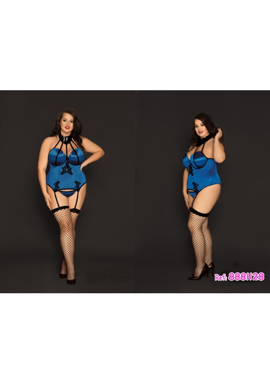Corsé azul satén con bordado floral negro cuello halter y liguero talla grande