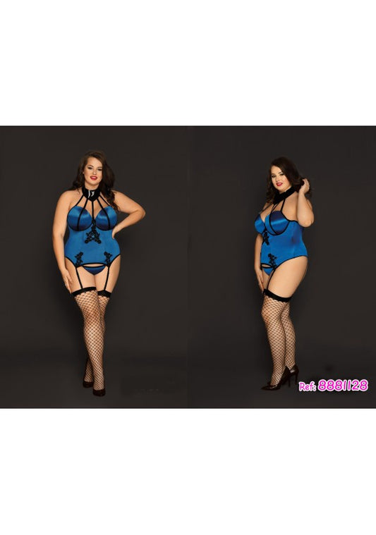Corsé azul satén con bordado floral negro cuello halter y liguero talla grande