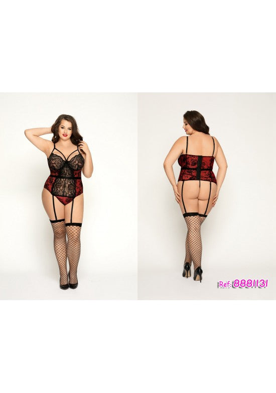 Corsé de encaje negro y rojo con liguero y medias de red talla grande