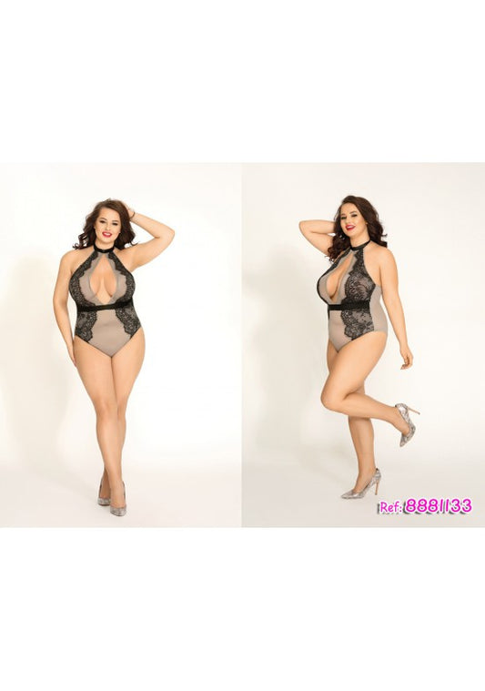 Body halter cuello alto encaje negro y tul nude para talla grande