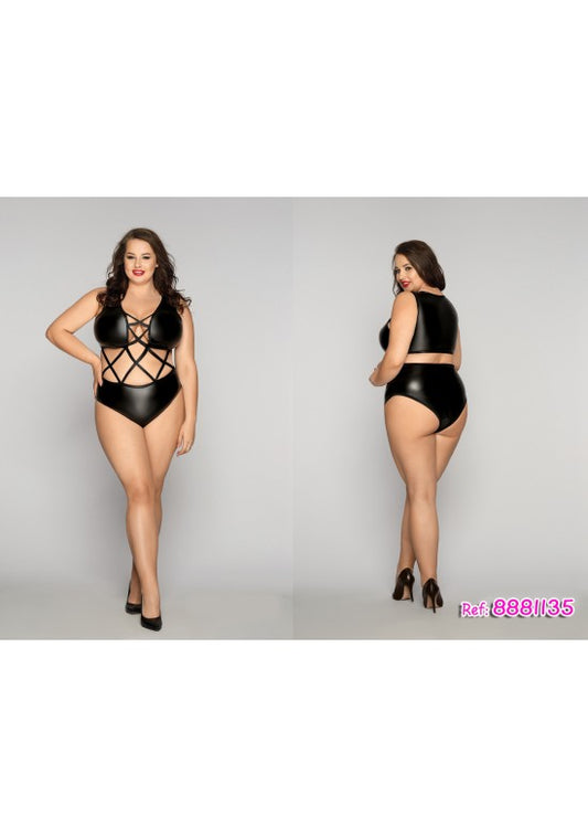 Body wetlook efecto cuero negro con tiras cruzadas en talla grande