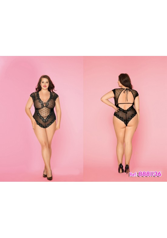 Body encaje negro semitransparente con espalda abierta y lazada para talla grande