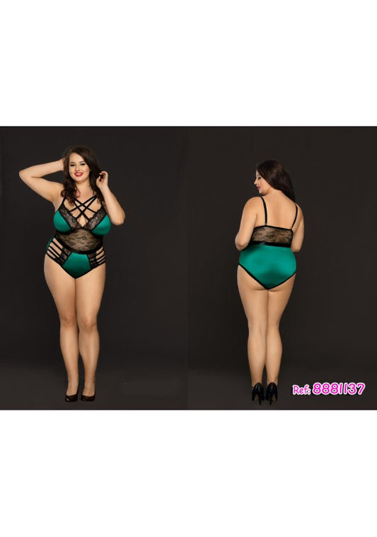 Body lencería talla grande verde esmeralda con encaje negro y tiras cruzadas