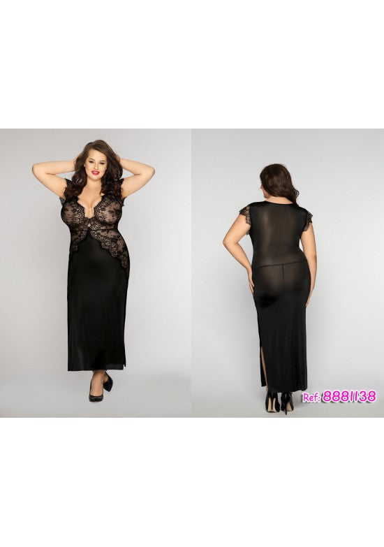 Camisón largo negro con encaje floral en el busto y manga corta talla grande, vista frontal y trasera