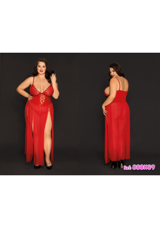 Camisón largo rojo de encaje y tul con abertura frontal talla grande, vista frontal y trasera