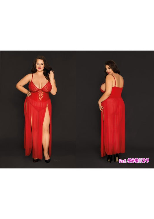 Camisón largo rojo de encaje y tul con abertura frontal talla grande, vista frontal y trasera