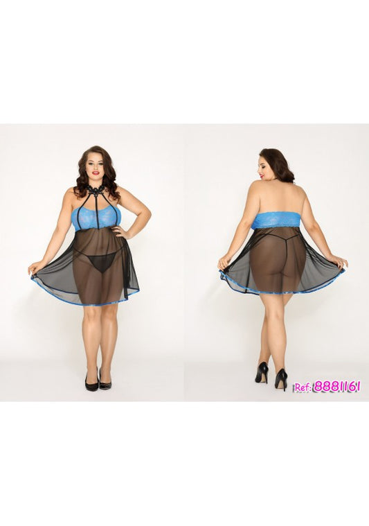 Babydoll halter bicolor azul y negro con tul para tallas grandes, vistas frontal y trasera