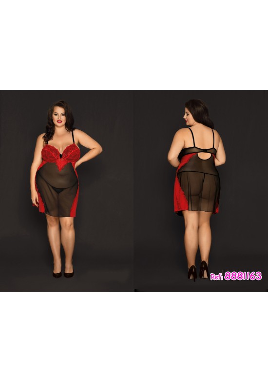 Camisón bicolor rojo y negro con encaje en el cuerpo y falda de tul, talla grande, vista frontal y trasera
