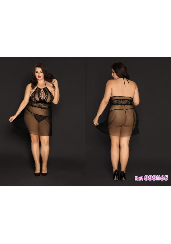 Camisón negro halter con encaje, lazada frontal y falda de tul semitransparente, talla grande, vista frontal y trasera