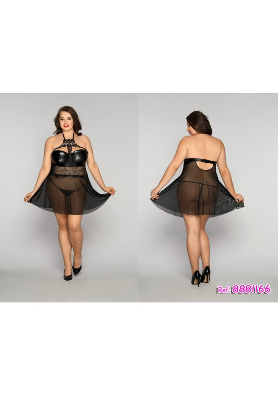 Baby doll negro halter con cuerpo efecto cuero y falda de tul acampanada, talla grande, vista frontal y trasera