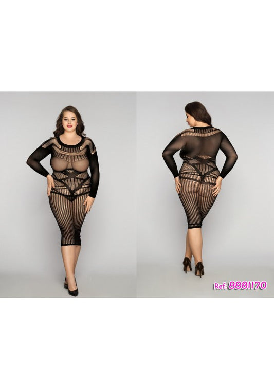Vestido bodystocking negro midi manga larga con paneles de red geométrica, talla grande