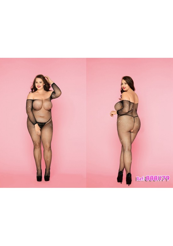 Body catsuit negro de red con manga larga y detalles brillantes talla grande