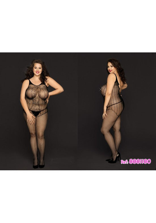 Bodystocking negro talla grande combinando encaje floral y red de rombos de cuerpo entero