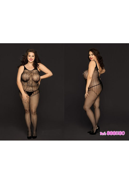 Bodystocking negro talla grande combinando encaje floral y red de rombos de cuerpo entero