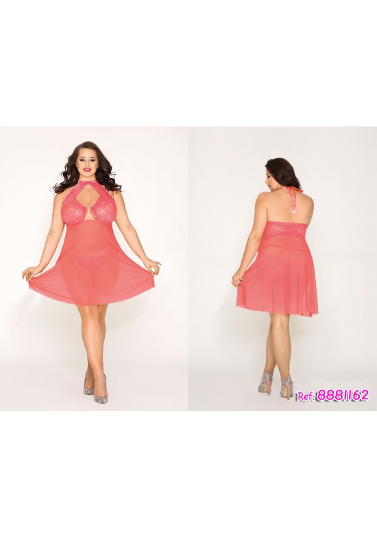 Babydoll halter coral con encaje y tul para tallas grandes, vistas frontal y trasera