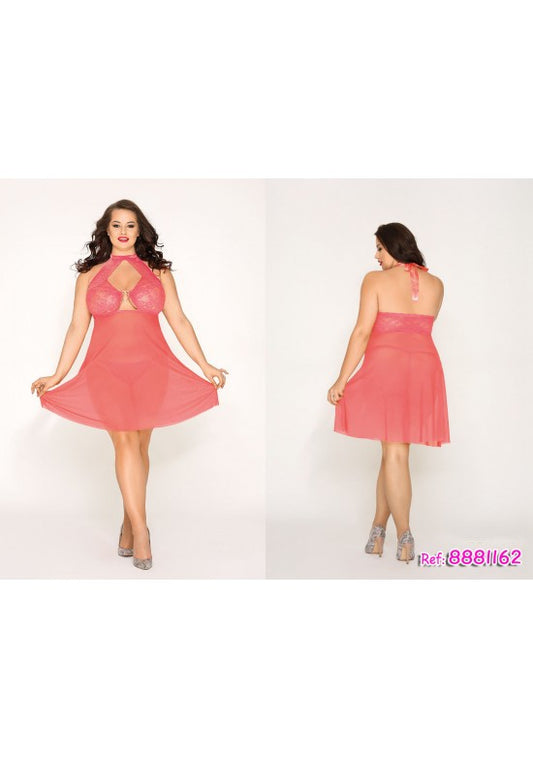 Babydoll halter coral con encaje y tul para tallas grandes, vistas frontal y trasera
