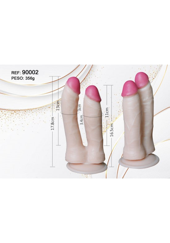 Dildo doble tono piel con cabezas rosas y base ventosa, vistas frontal y lateral