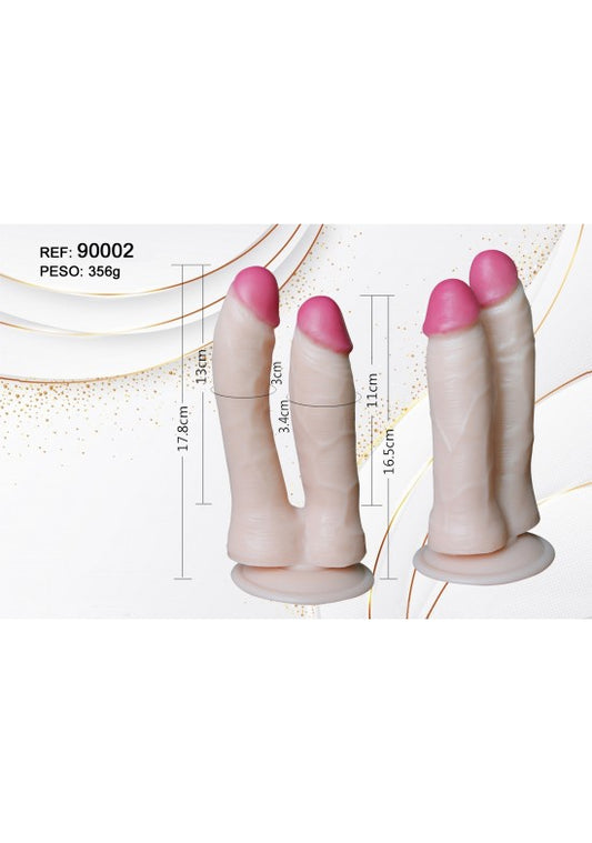 Dildo doble tono piel con cabezas rosas y base ventosa, vistas frontal y lateral