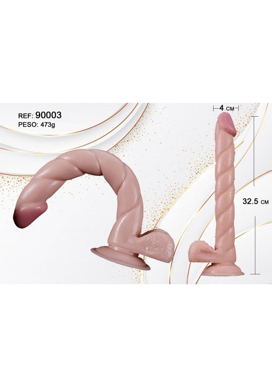 Dildo realista torsado tono piel 32,5 cm con ventosa, vistas frontal y lateral