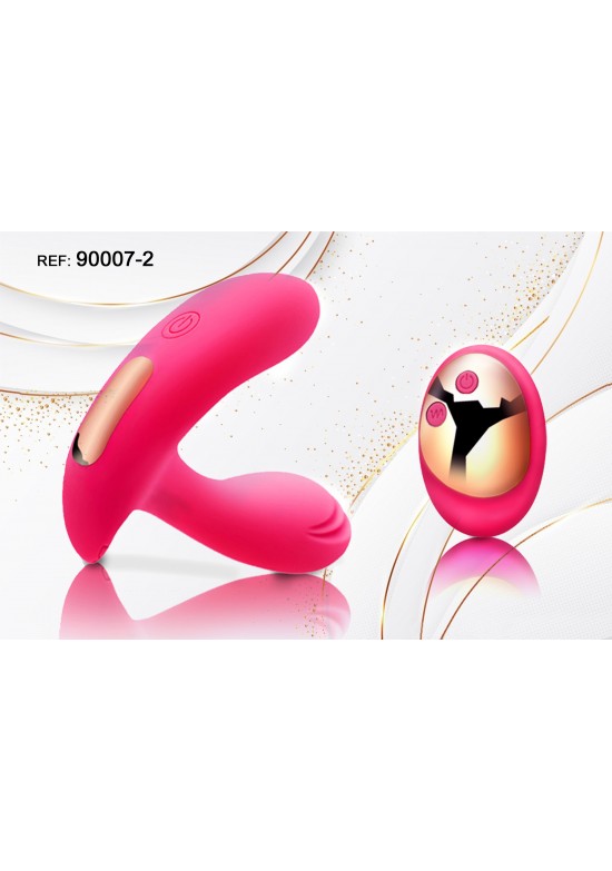 Estimulador doble de silicona fucsia con mando a distancia dorado
