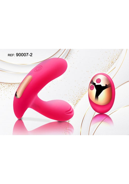 Estimulador doble de silicona fucsia con mando a distancia dorado