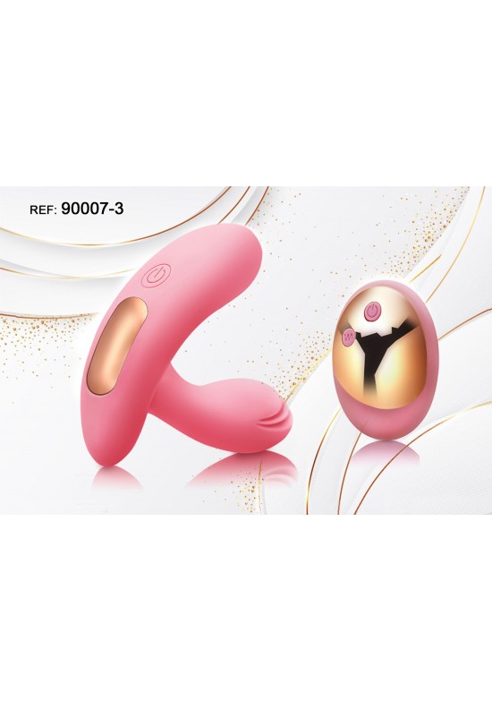 Estimulador doble de silicona rosa con mando a distancia dorado