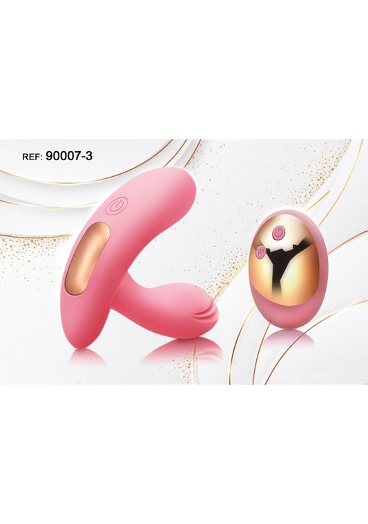 Estimulador doble de silicona rosa con mando a distancia dorado
