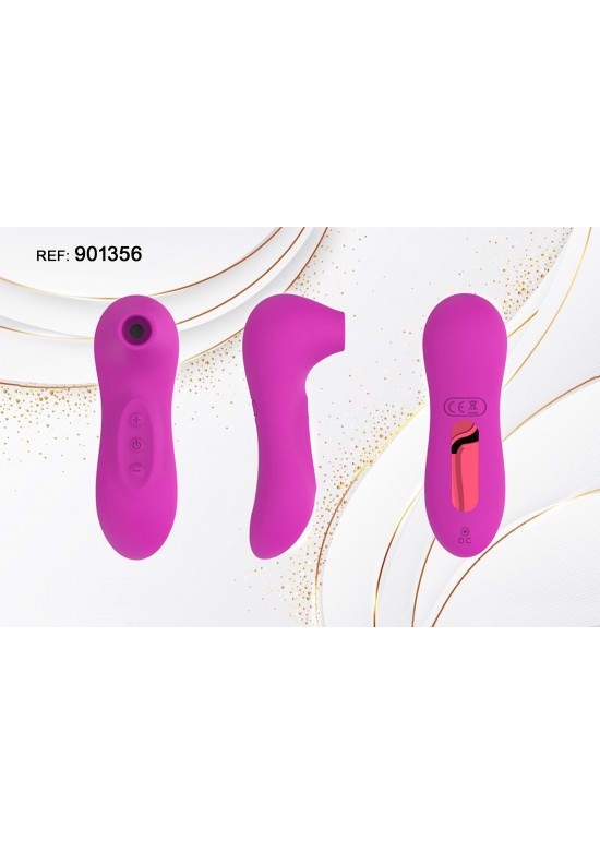 Estimulador femenino de succión por ondas de aire en silicona color lila, visto de frente, lateral y base con carga USB