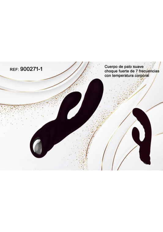Estimulador doble de silicona color negro burdeos con brazo estimulador secundario y botón central