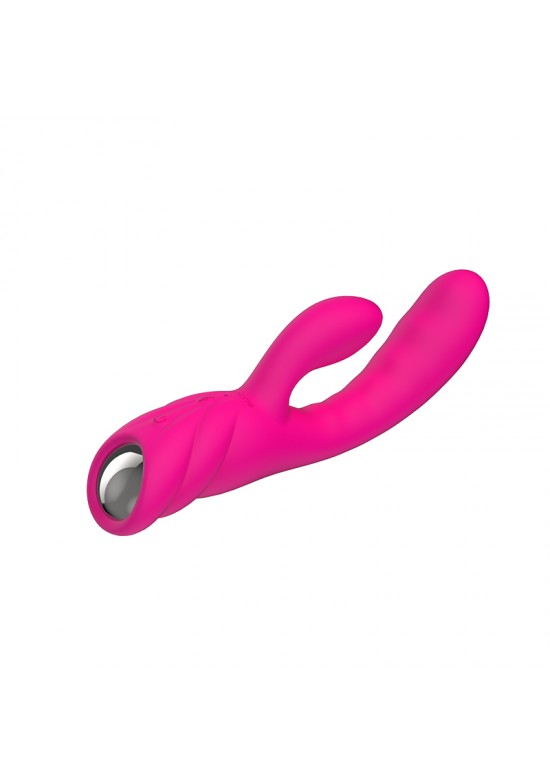 Vibrador rabbit doble brazo en silicona rosa fucsia con mango helicoidal plateado
