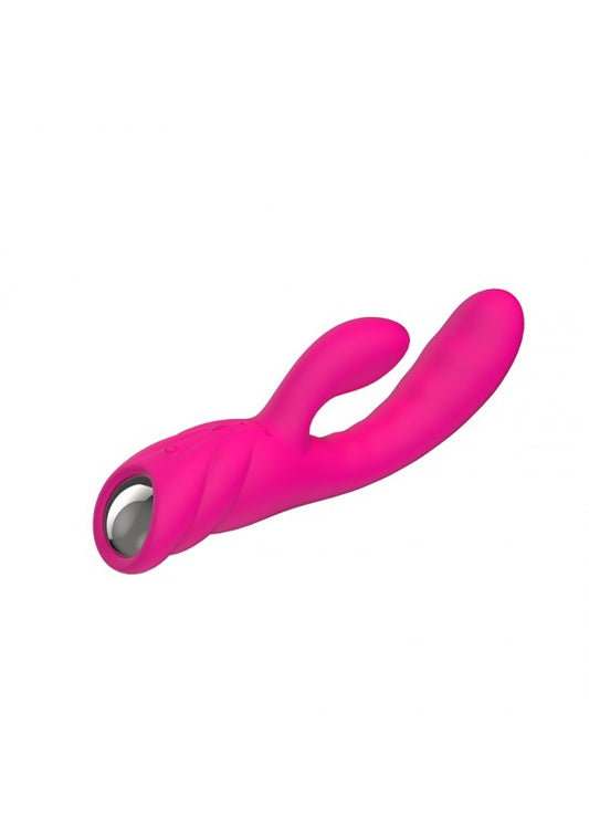 Vibrador rabbit doble brazo en silicona rosa fucsia con mango helicoidal plateado