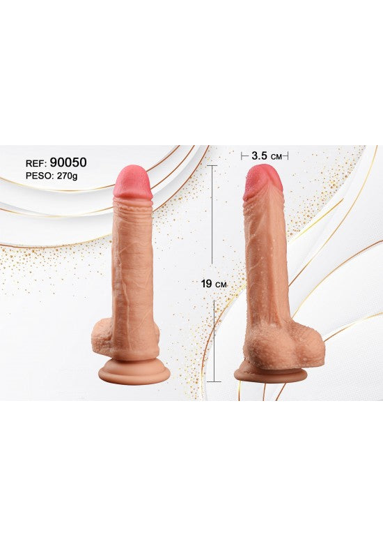 Dildo realista con ventosa de 19 cm en tono piel natural, vistas frontal y lateral