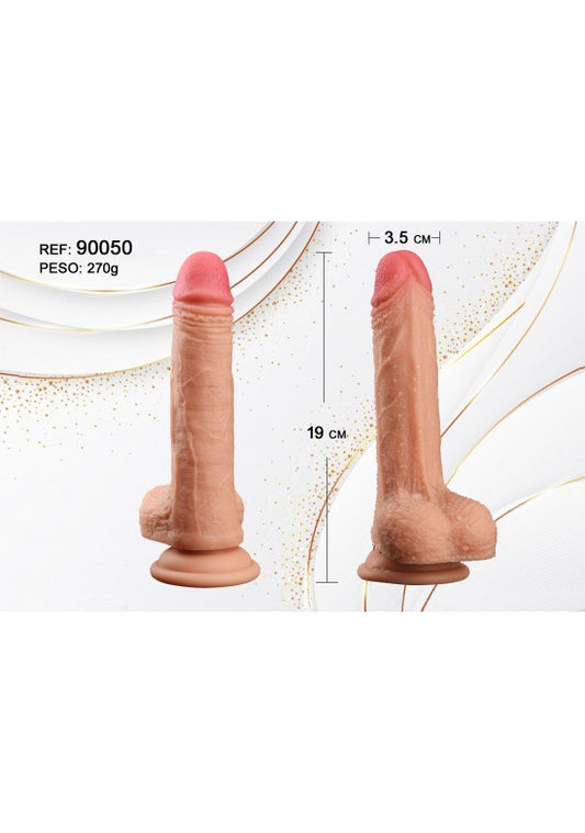 Dildo realista con ventosa de 19 cm en tono piel natural, vistas frontal y lateral