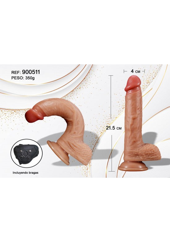 Dildo realista 21,5 cm tono piel con ventosa y arnés negro incluido