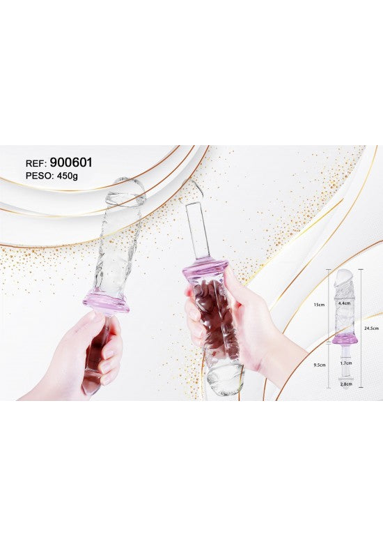 Dildo de cristal borosilicato transparente con base rosa de 24,3 cm
