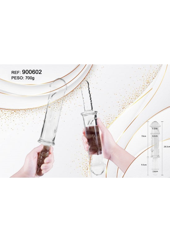 Dildo de cristal borosilicato transparente 28,5 cm con mango nervado