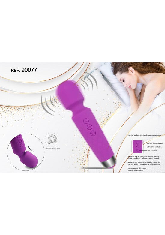 Masajeador varita personal color morado en silicona con cabezal esférico y panel de botones