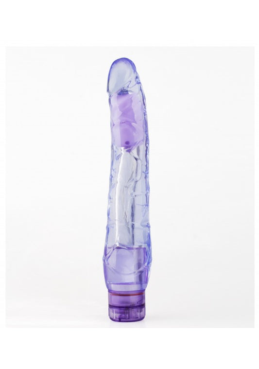 Vibrador realista en gel transparente color morado con base giratoria