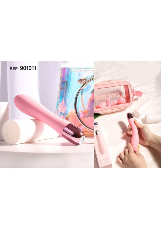 Vibrador personal rosa con cabezal curvo y estuche de viaje transparente