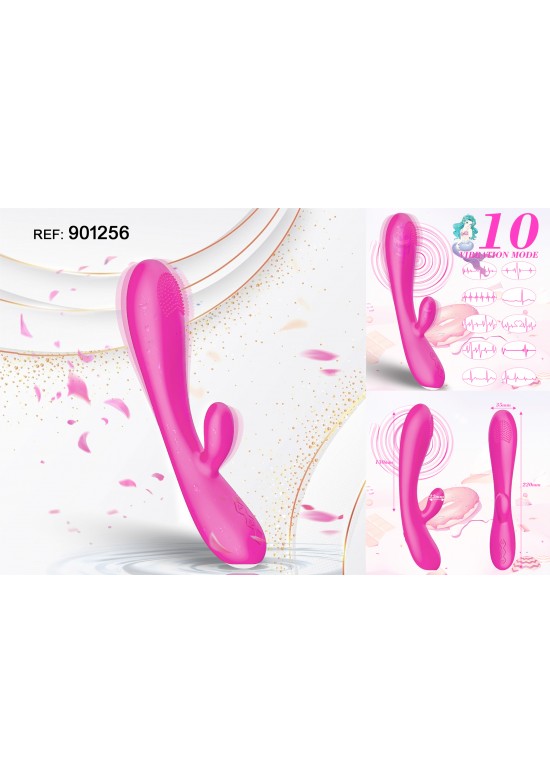 Estimulador doble de silicona rosa fucsia con brazo secundario flexible y 10 modos de vibración