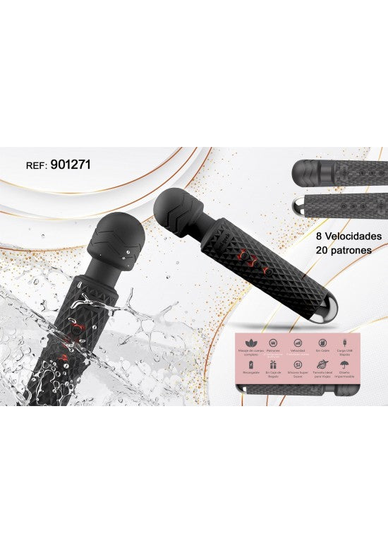 Masajeador wand negro con textura geométrica antideslizante y controles laterales