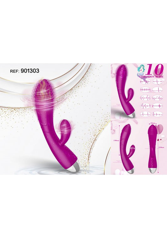Vibrador doble estimulación de silicona color fucsia con 10 modos de vibración