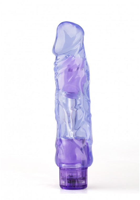 Vibrador jelly translúcido en color lila con motor interno visible