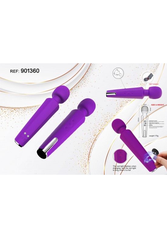 Masajeador wand recargable color lila con cabezal giratorio 360 grados