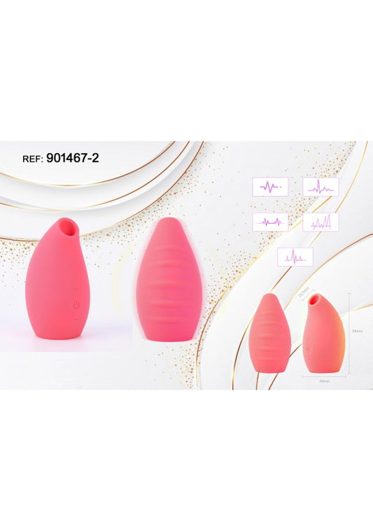 Set de estimulador de succión y masajeador texturizado de silicona en color coral con diagrama de modos de onda