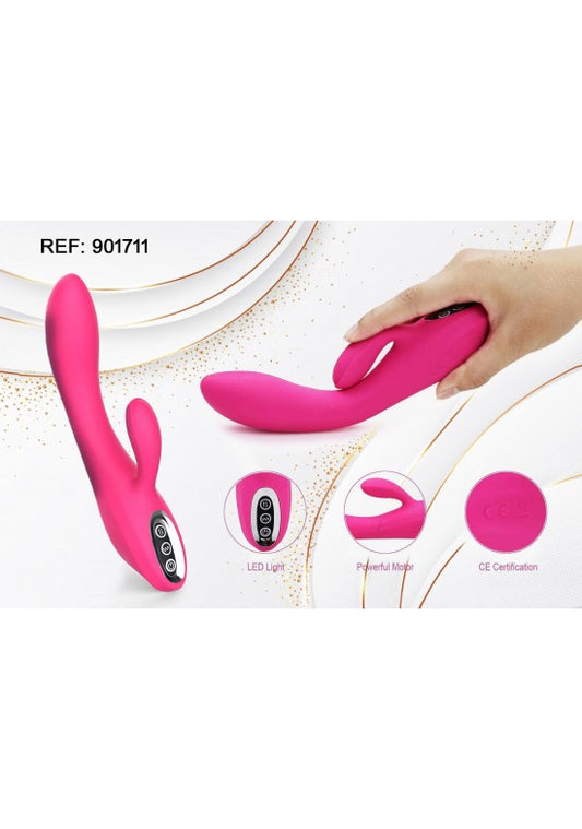 Vibrador rabbit color rosa fucsia en silicona con panel LED y detalle de agarre